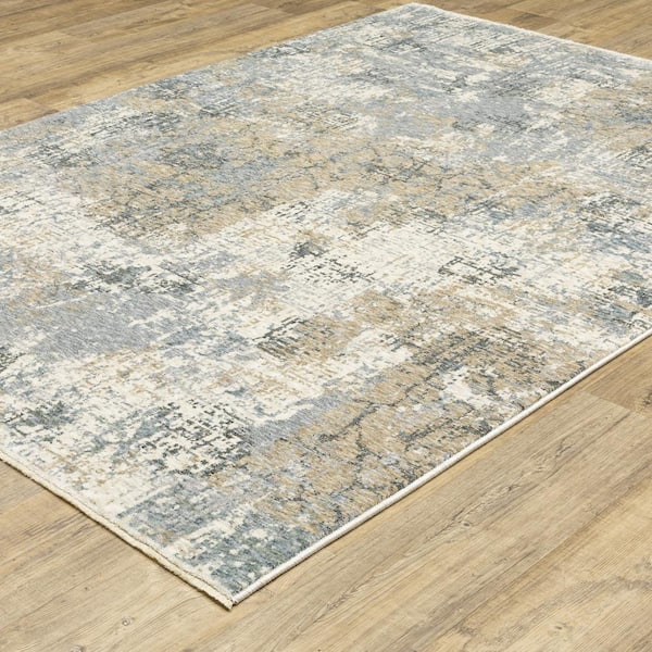 Haven Beige/Blue 10 ft. x 13 ft. Abstract Modern Polyester Fringed Indoor Area Rug