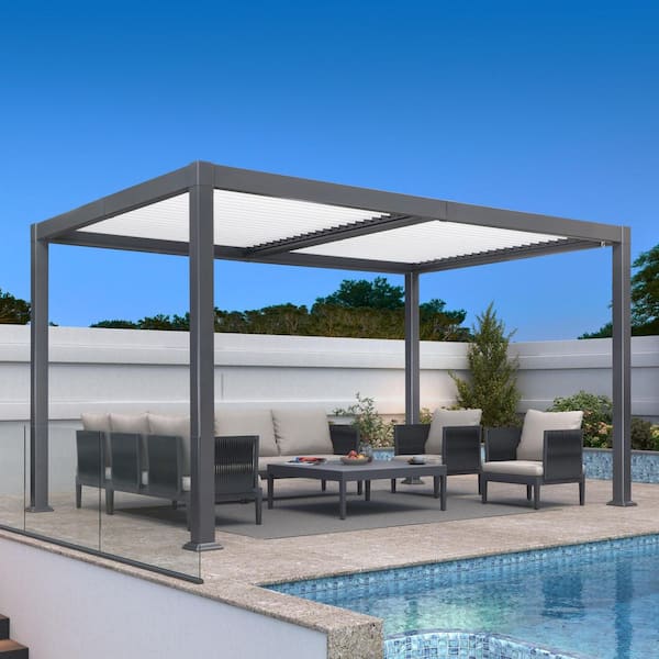 10.2 ft. x 14.2 ft. Gray Aluminum Outdoor Louvered Pergola with 2 White Individual Adjustable Roofs and In-Built Gutter