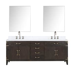 Fossa 84 in W x 22 in D Brown Oak Double Bath Vanity, Carrara Marble Top, Faucet Set, and 36 in Mirrors