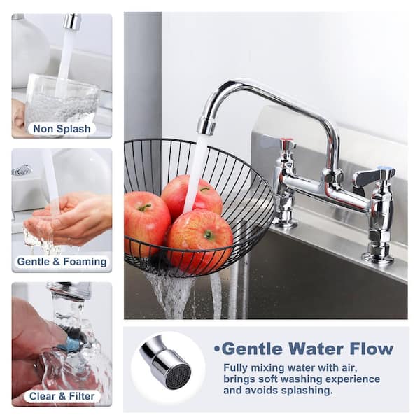 Double Handle Deck Mounted Commercial Standard Kitchen Faucet with 8 in. Swivel Spout & Supply Lines in Polished Chrome