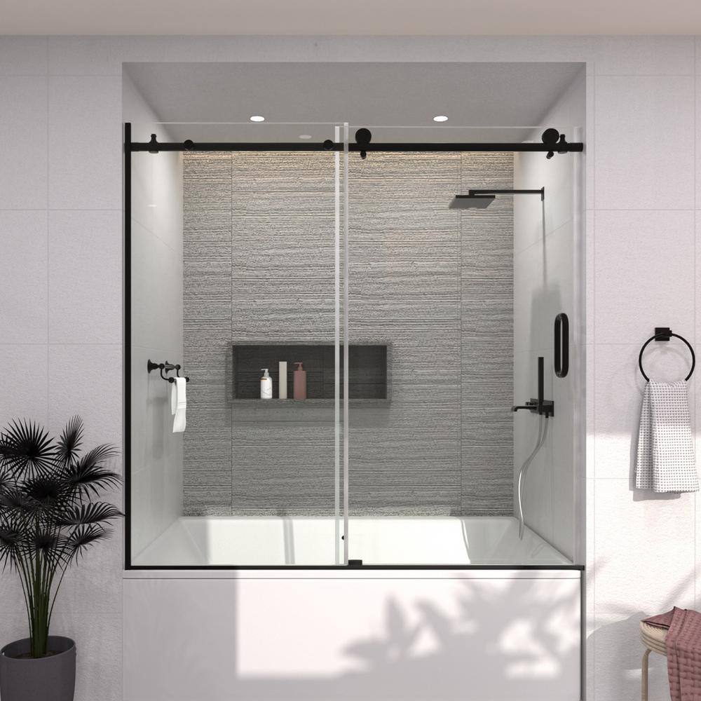 60'' Matte Black Semi-Frameless Sliding Tub Door with Clear Glass