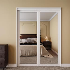 60 in. x 80 in. Solid Core 1-Lite Mirror White Primed MDF Interior Closet Sliding Door with Hardware