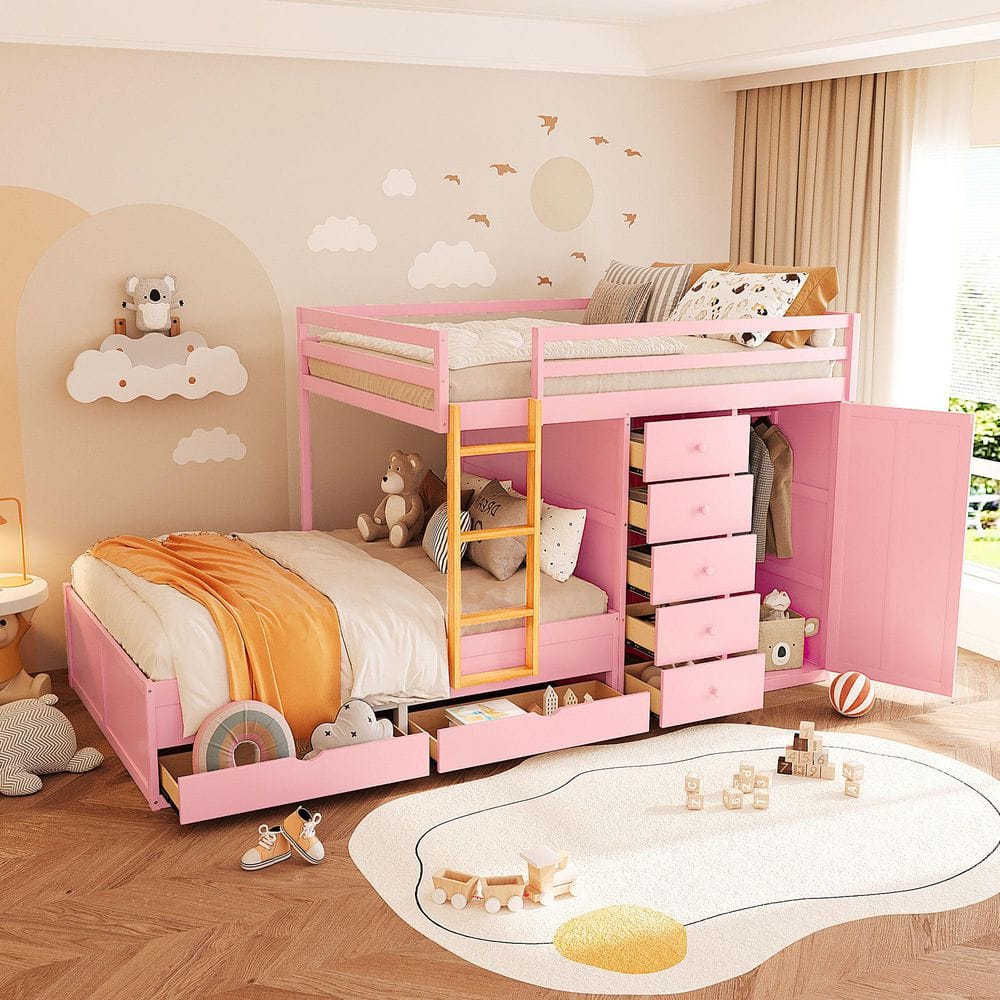 Harper & Bright Designs Sakura Pink Full Over Full Bunk Bed with Ladder, 7-Drawers and Wardrobe QMY425AAH - The Home Depot Harper & Bright Designs Sakura Pink Full Over Full Bunk Bed with Ladder, 7-Drawers and Wardrobe QMY425AAH - The Home Depot
