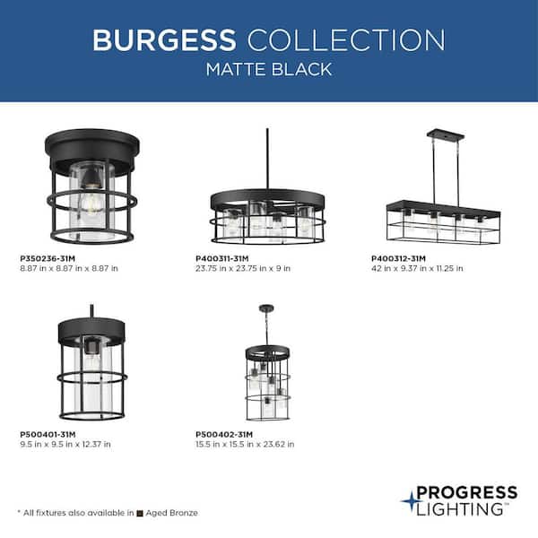 Progress Lighting Burgess Collection 24 in. 4-Light Matte Black Modern Farmhouse Chandelier with Clear Seeded Glass Shades