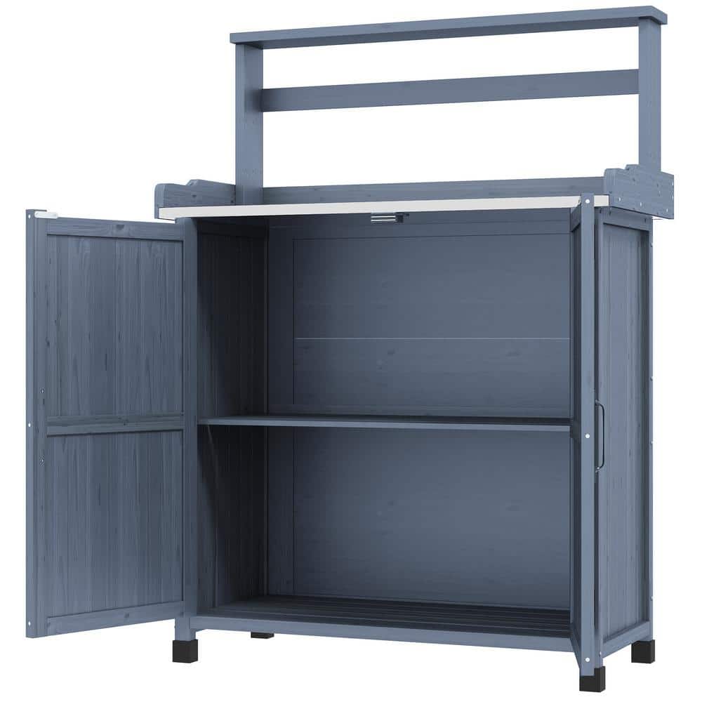 Gray Wooden Potting Bench with Storage Cabinet and Shelves