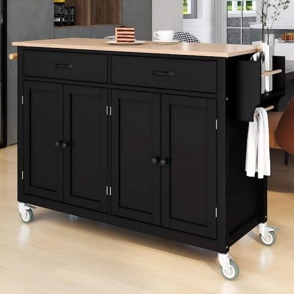 Malwee Black Solid Wood Top 54.3 in. Kitchen Island with 4 Door Cabinet and 2 Drawers
