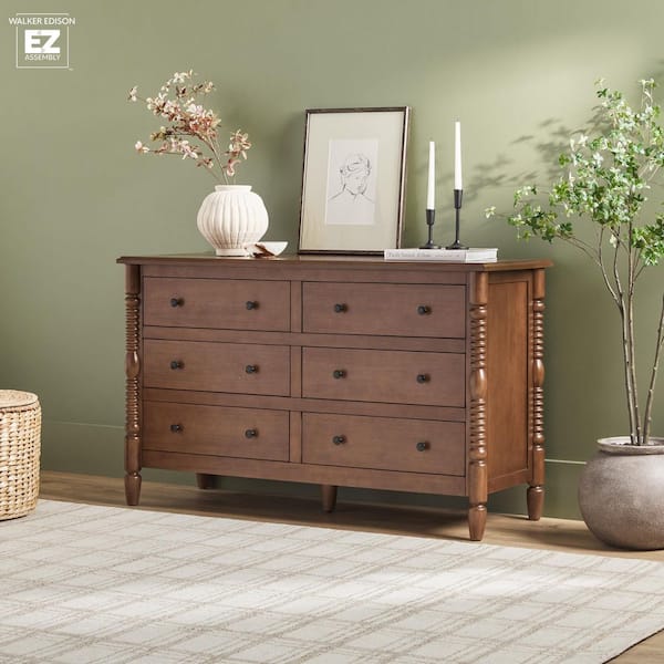 Modern Farmhouse Easy Assembly Dark Brown 6-Drawer 54 in. Solid Wood Spindle-Detailing Dresser