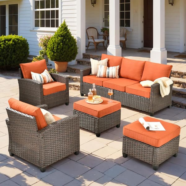 Serena Grey 5-Piece Outdoor Patio Furniture Wicker Conversation Sofa Seating Set with Ottoman and Orange Red Cushion