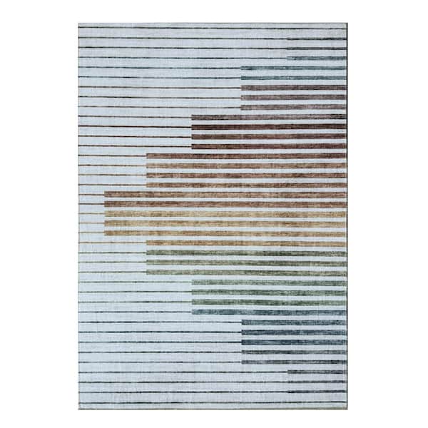 8 ft. x 11 ft. Beige Blue and Brown Striped Area Rug