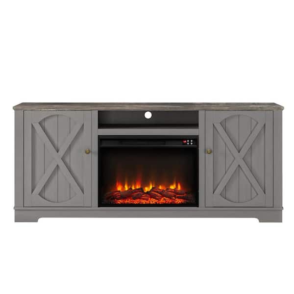 FESTIVO 70 in. Farmhouse Wooden TV Stand with Electric Fireplace in Gray for TVs up to 70 in.