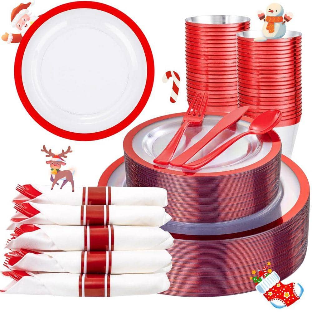 Red Plasticware 350-Piece Clear and Red Plastic Dinnerware Set with Plates, Napkins ...