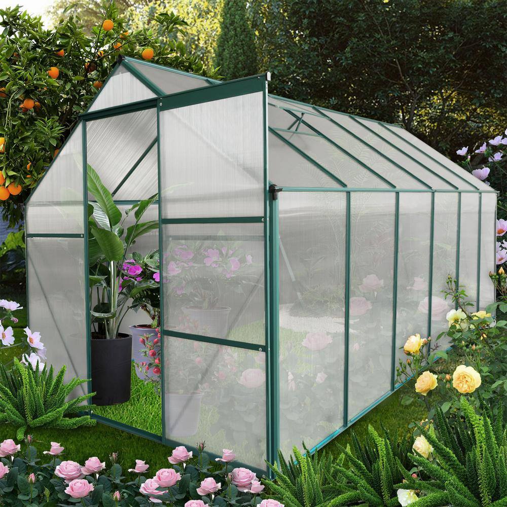 6x12ft Green Polycarbonate Greenhouse with Aluminum Frame and Sliding Door