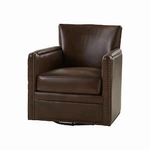 Amparo Chocolate 29 in. W Contemporary Genuine Leather Swivel Chair with Nailhead Trim Arm