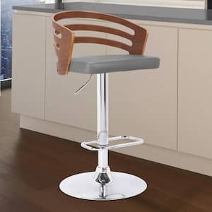 Adele Mid-Century 36 in. to 44 in. Chrome Swivel Bar Stool with Grey Faux Leather and Walnut Veneer