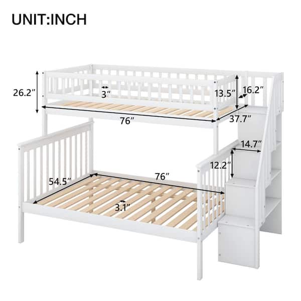 White Twin Over Full Stairway Bunk Bed, Staircase Twin Bunk Bed Dimensions