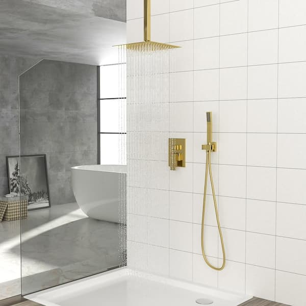 Lotus Single-Handle 1-Spray Patterns High Pressure 16 in. Ceiling Mount Dual Shower Heads in Gold Brushed