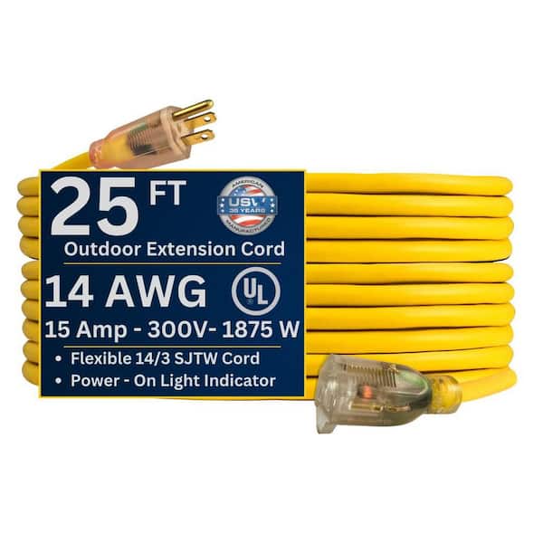 US Wire and Cable USW 25 ft. 14/3 Yellow Extension Cord with Lighted Plug