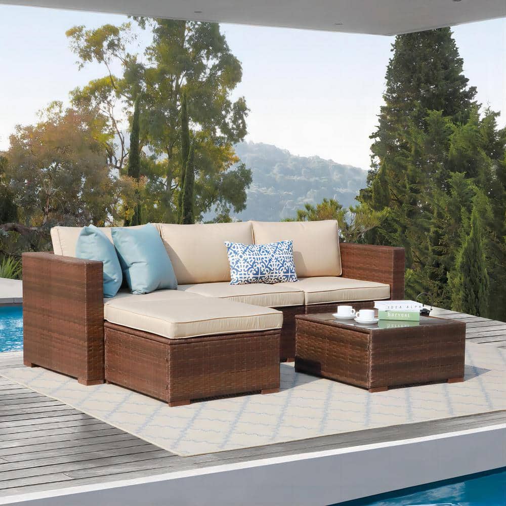 5-Piece Wicker Outdoor Sectional Set with Beige Cushions