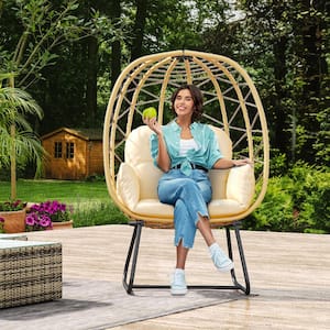 Beige Wicker Indoor/Outdoor Egg Lounge Chair with Cushion