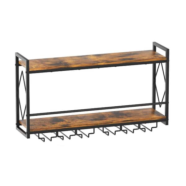 17.12in. H x 31.49in. W 6-8-Bottle Black Metal 2-Tier Wall-Mounted Wine Rack w LED Light, Glass Holder for Kitchen Bar