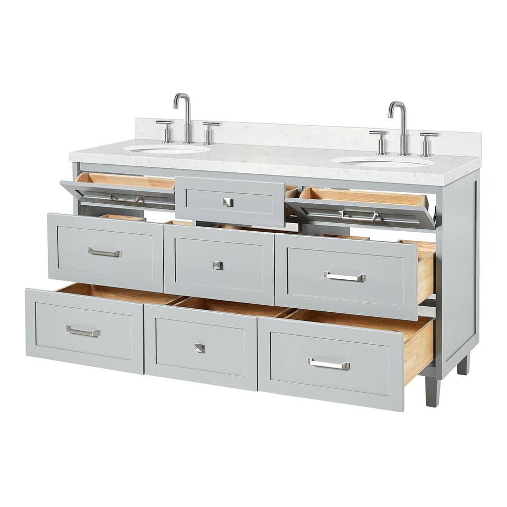 Gray Wood Double Sink Freestanding Vanity with Quartz Top