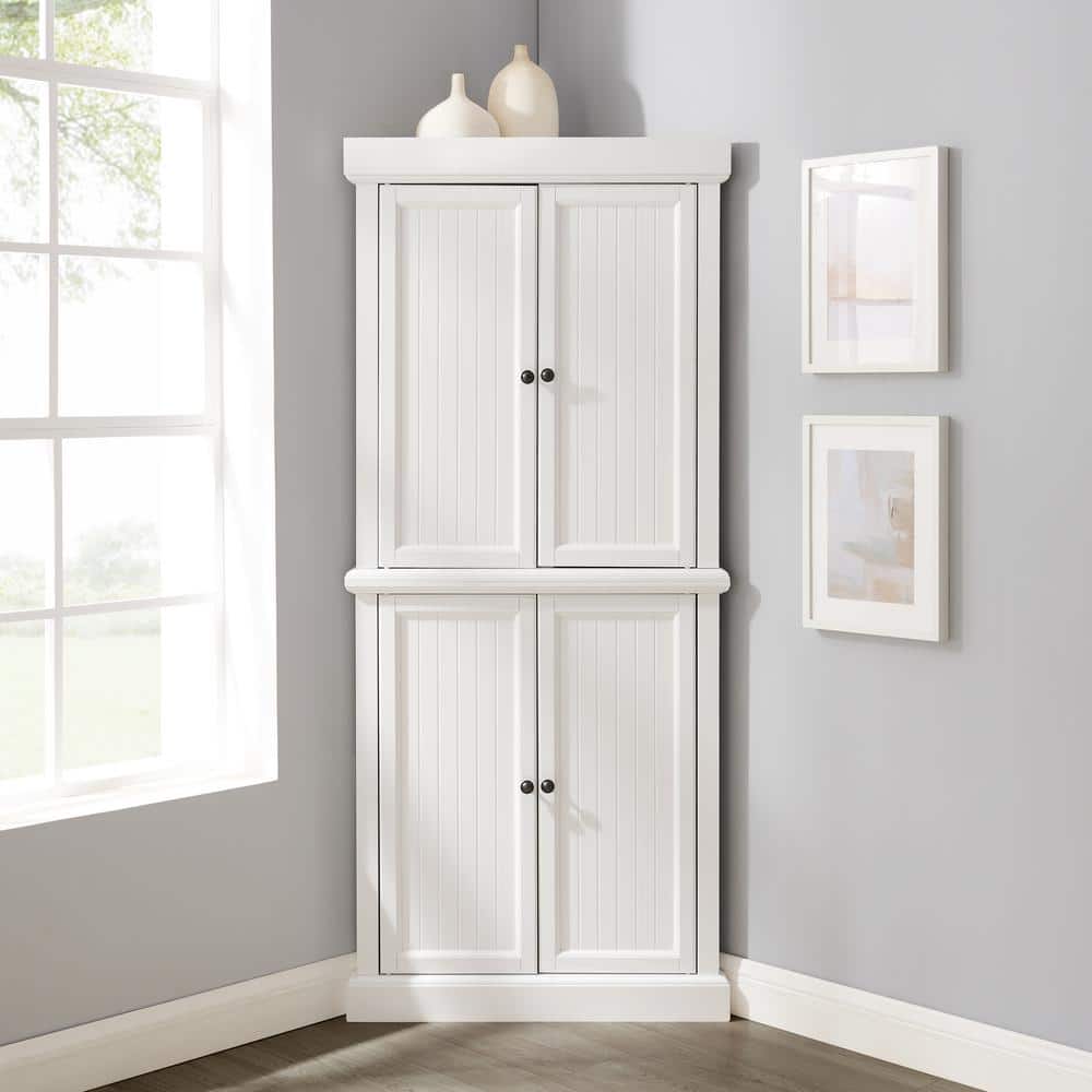 White Pinewood Tall Corner Accent Cabinet with Adjustable Shelving