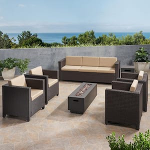 Carlysle Outdoor 7 Seater Wicker Dark Brown and Beige Chat Set with Fire Pit
