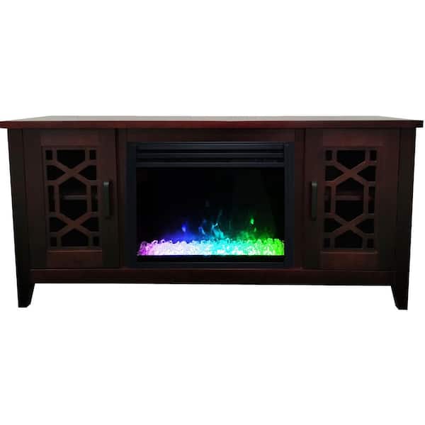 Hanover Arcadia Mid-Century 55.9 in. W Freestanding Electric Fireplace TV Stand in Mahogany with Multi-Color Crystal Insert