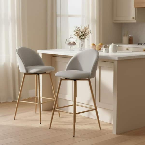 Haseeb 26 in. Modern Swivel Upholstered Counter Height Bar Stool with Curved Back Pebble Grey Fabric/Oak Legs (Set of 2)