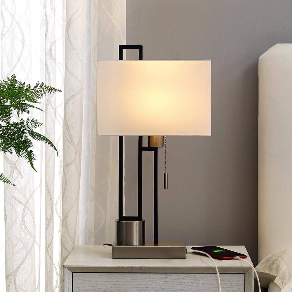 Matte Black and Brushed Nickel Table Lamp with USB Port and White Linen Shade