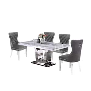 Ada 5-Piece White Marble Top Stainless Steel Base Table Set, 4-Dark Grey Velvet Chairs with Nail Head Trim, Back Handle