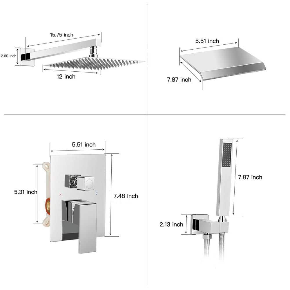 12-Inch Chrome Square Rain Shower System with Handheld and Valve