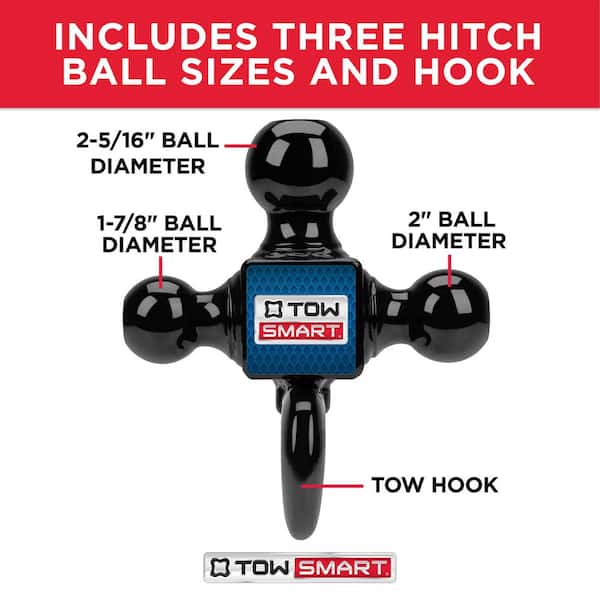 Trailer Hitch Tri Ball Mount with Hook,Fits 2” Hitch Receiver,1-7/8, 2&  2-5/16Matt Black Plated Balls ,Secure with Self-Lock Latch, 10,000 LBS