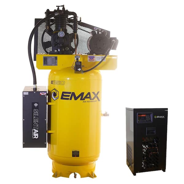 Silent Air Industrial E450 80 Gal. 175 psi Electric 5 HP 19 CFM 1-Ph 2-Stage Pressure Lube Air Compressor, 30 CFM Dryer