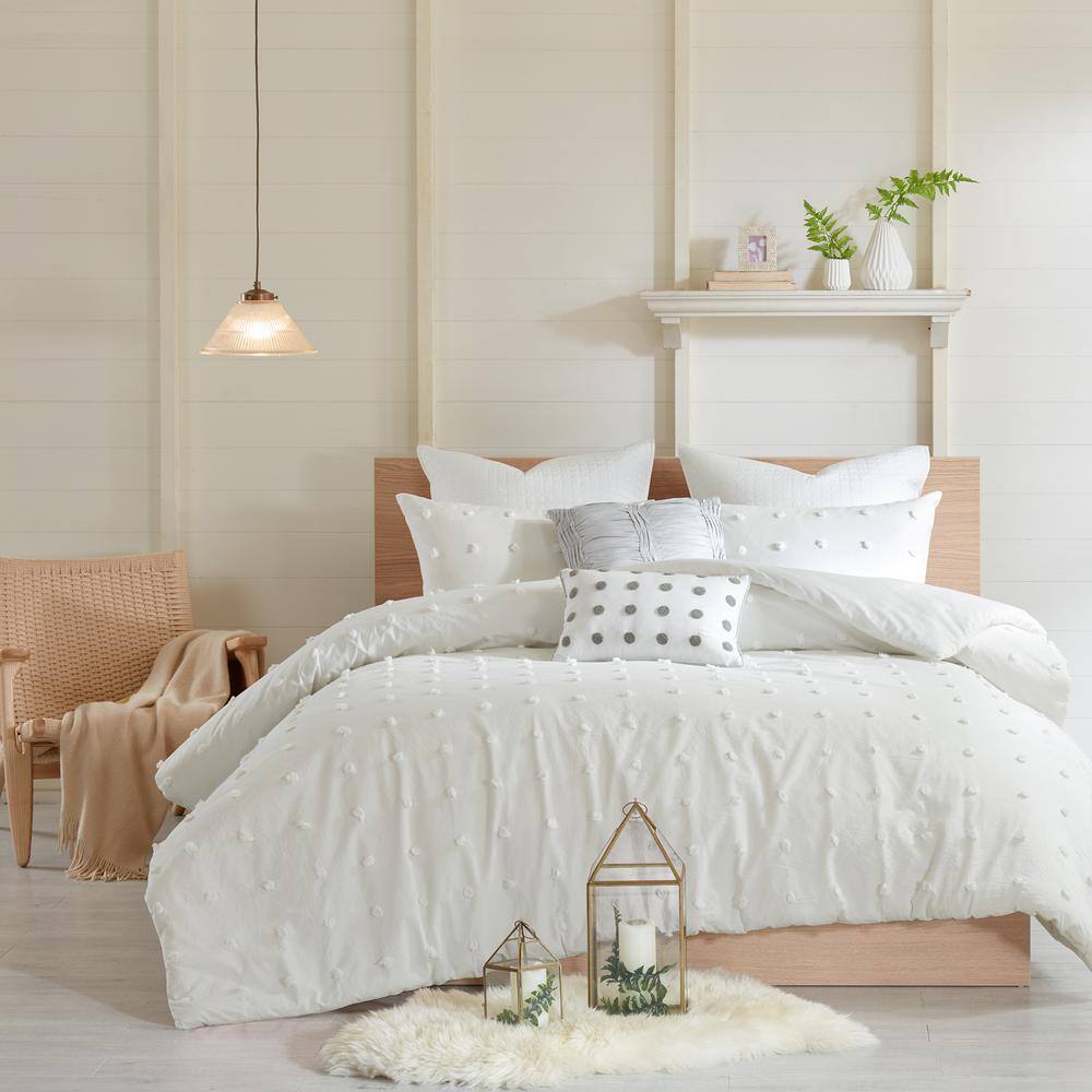 Ivory Cotton Jacquard King Comforter Set with Pom Pom Pillows