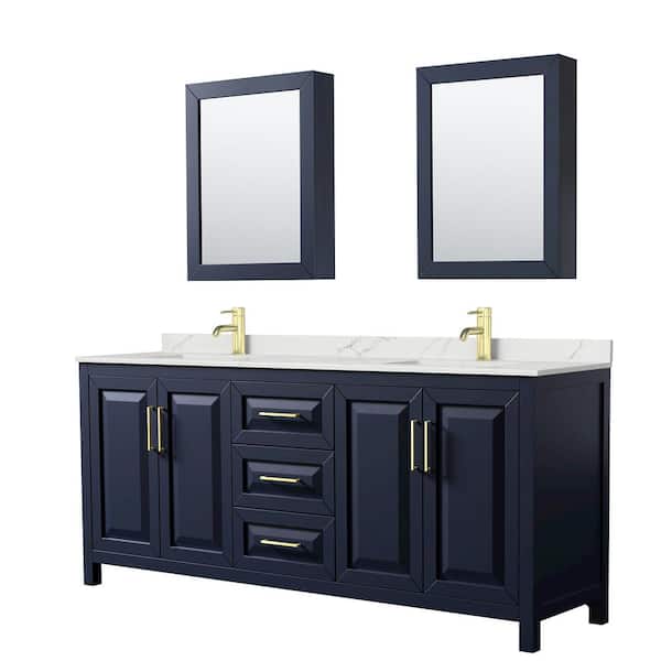 Wyndham Collection Daria 80 in. W x 22 in. D x 35.75 in. H Double Bath Vanity in Dark Blue with Giotto Quartz Top and Mirrors