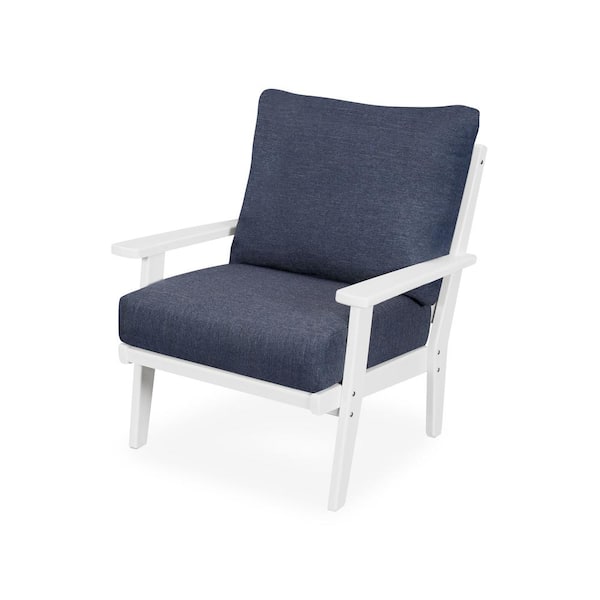 POLYWOOD Grant Park White Deep Seating Plastic Outdoor Lounge Chair with Stone Blue Cushion