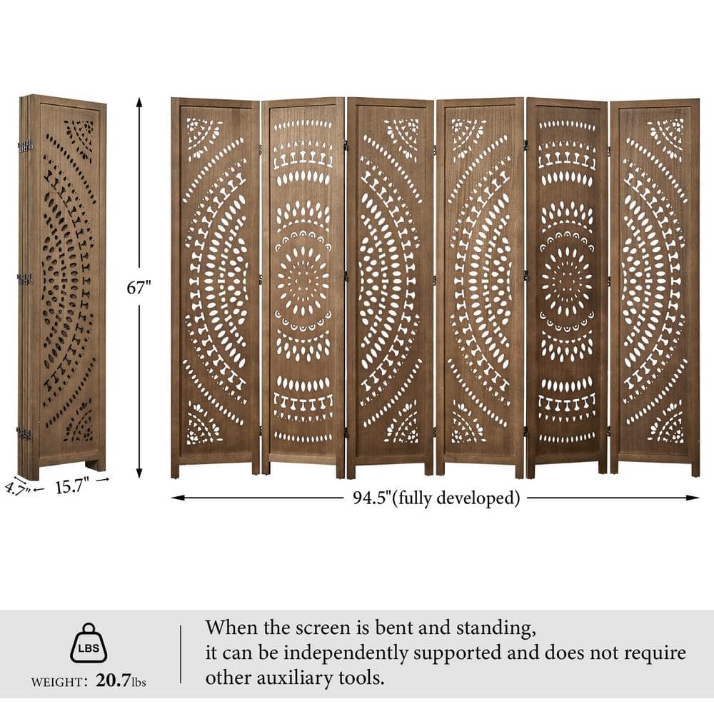 90 in. Brown Wood Carved 6-Panel Folding Room Divider