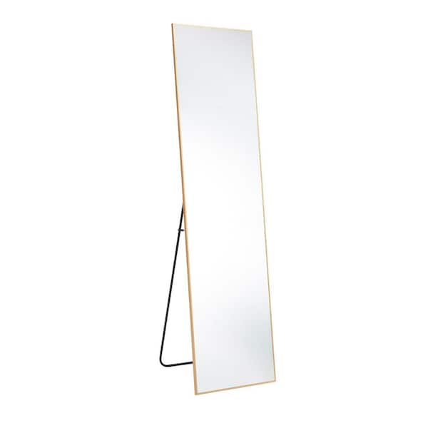 FIRNEWST 16 in. W x 59 in. H Aluminium Alloy Frame Gold Full Body Floor Mirror with Floor Stand and Wall Mounted Hooks