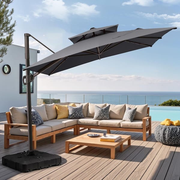 Pellebant 10.5 ft. x 9 ft. Outdoor Aluminum Cantilever 360° Rotation Double-Top Patio Umbrella in Gray with Base for Deck Yard