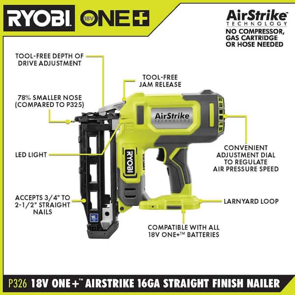 RYOBI P326-PCL206K2 ONE+ 18V Cordless 2-Tool Combo Kit w/ 1/2 in. Drill/Driver, 16-Gauge Finish Nailer, (2) 1.5 Ah Batteries, and Charger - 3