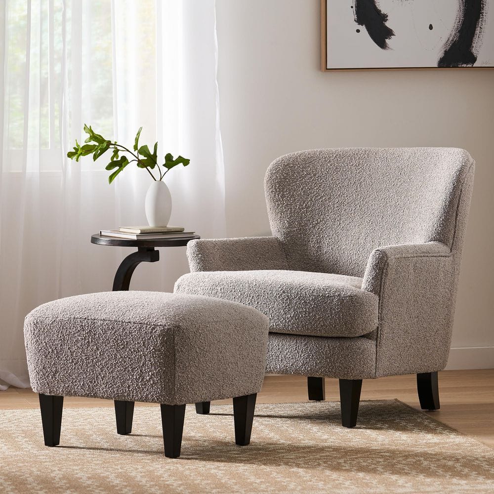 Stone Gray Boucle Upholstered Accent Chair Arm Chair with Ottoman, Tapered Birch Wood Legs, Wingback Design price history on PriceWatchPro