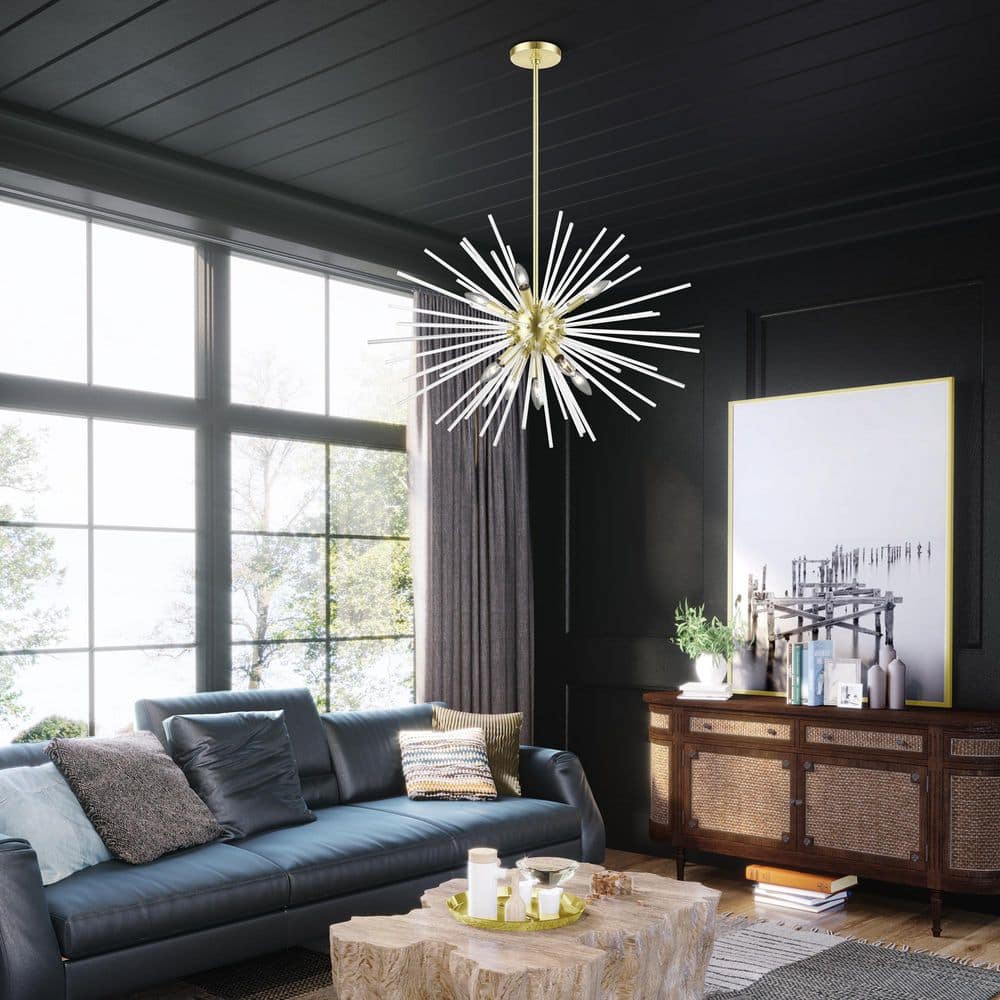 Elegant Spheroid 9-Light Pendant Chandelier with Satin Brass Finish and Clear Glass Rods
