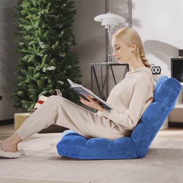 Blue Velvet Microfiber Adjustable 14-Position Floor Chair Folding Lazy Gaming Sofa Chair Cushioned Bean Bag