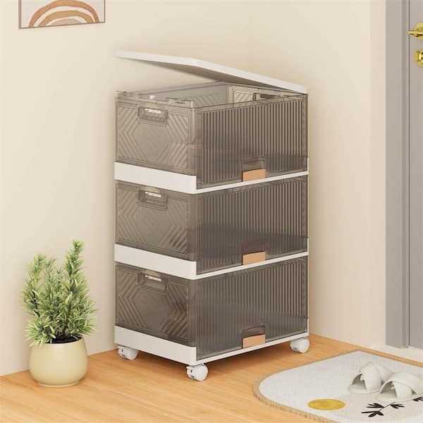 13.5 Gal. 3-Cube Stackable Storage Bins in White and Brown with Detachable Wheels Large Organizer