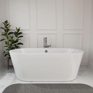 59 in. Acrylic Flatbottom Oval Freestanding Soaking Bathtub in White with Polished Chrome Overflow and Drain