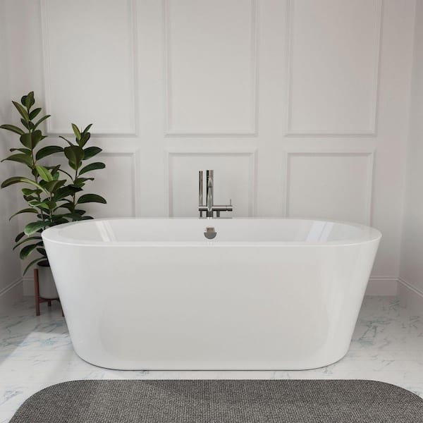 Empava 59 in. Acrylic Flatbottom Oval Freestanding Soaking Bathtub in White with Polished Chrome Overflow and Drain