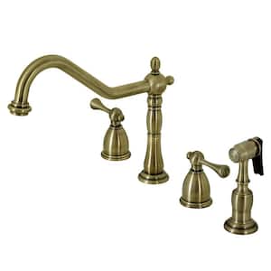 Heritage 2-Handle Deck Mount Widespread Kitchen Faucets with Brass Sprayer in Antique Brass