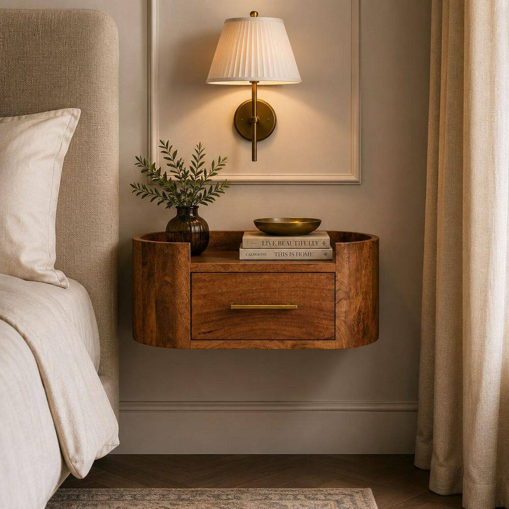 Contemporary Brown 1 Drawer 19.69 in. W Solid Wood Curved Wall-Mounted Nightstand with Open Shelf