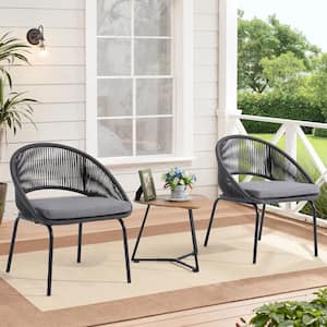 Black 3-Piece Metal Hand-Woven Patio Conversation Set with Gray Cushions, Wood Top Table for Poorside Garden